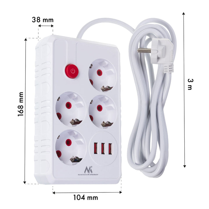 Многофункционален удължител Maclean, 4 гнезда + 3xUSB удължител, 110-240V AC 50/60Hz, 2.1A макс. 2500W, 3m, бял, MCE393 W