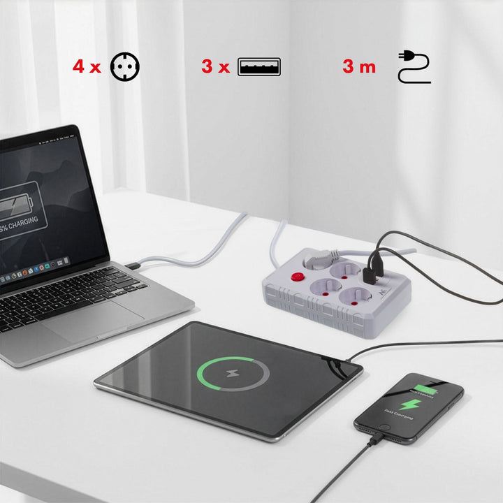 Многофункционален удължител Maclean, 4 гнезда + 3xUSB удължител, 110-240V AC 50/60Hz, 2.1A макс. 2500W, 3m, бял, MCE393 W