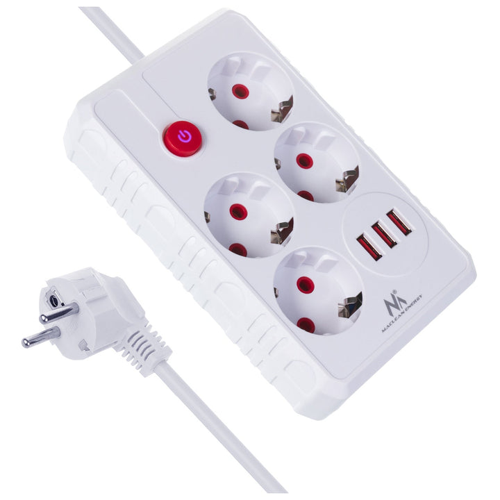 Многофункционален удължител Maclean, 4 гнезда + 3xUSB удължител, 110-240V AC 50/60Hz, 2.1A макс. 2500W, 3m, бял, MCE393 W
