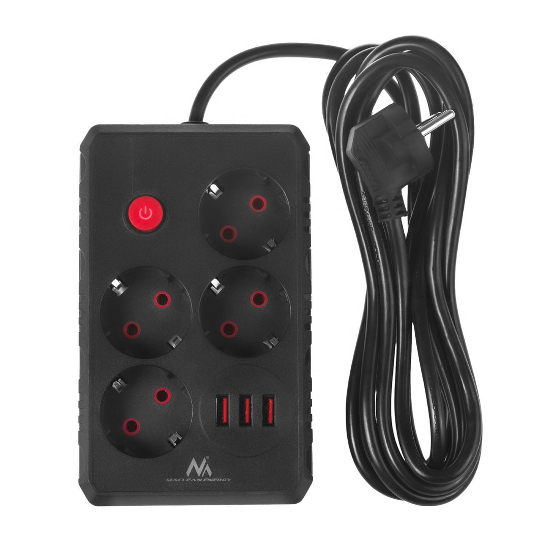 Многофункционален удължител Maclean, 4 контакта + 3xUSB удължител, 110-240V AC 50/60Hz, 2.1A макс. 2500W, 3m, черен, MCE393 B