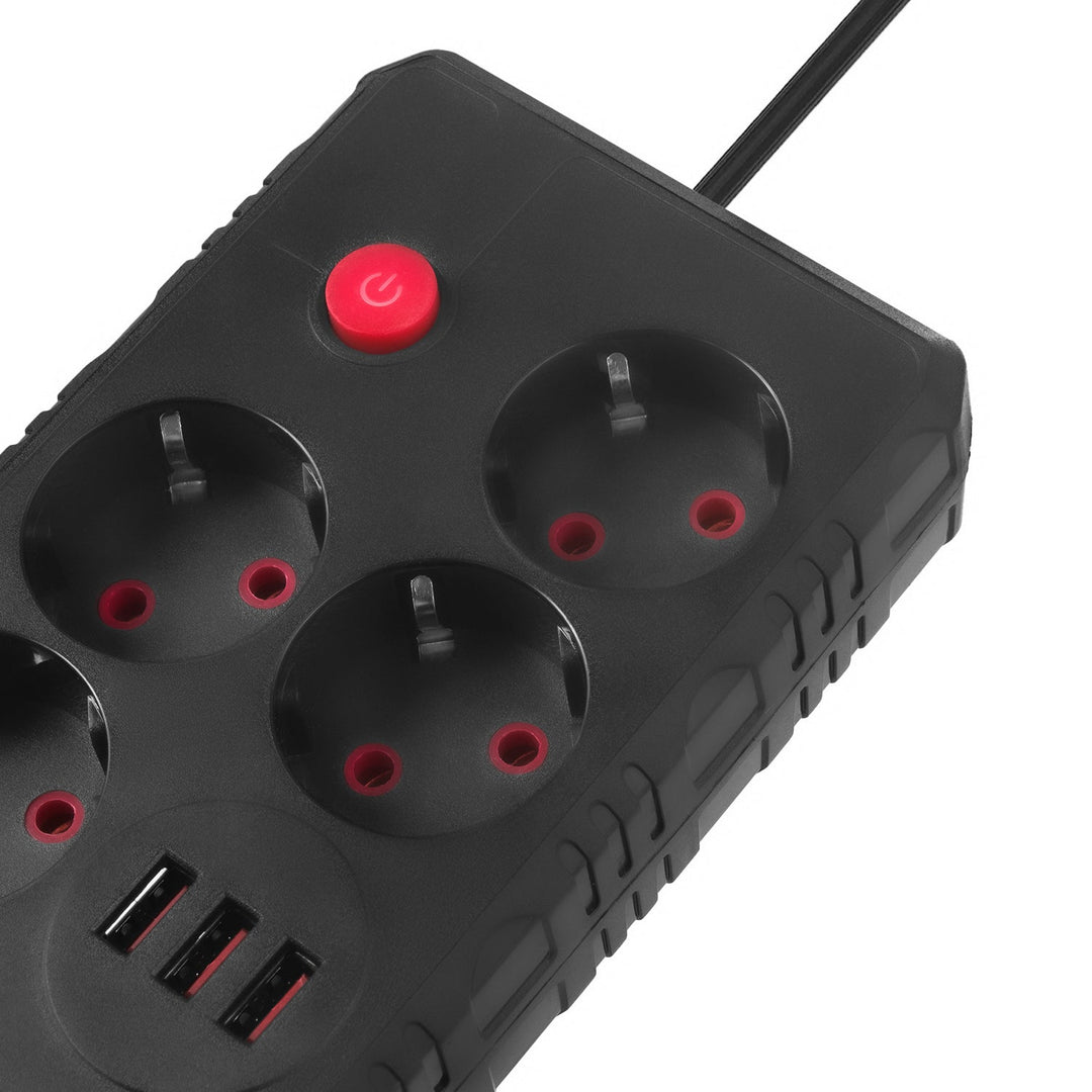 Многофункционален удължител Maclean, 4 контакта + 3xUSB удължител, 110-240V AC 50/60Hz, 2.1A макс. 2500W, 3m, черен, MCE393 B