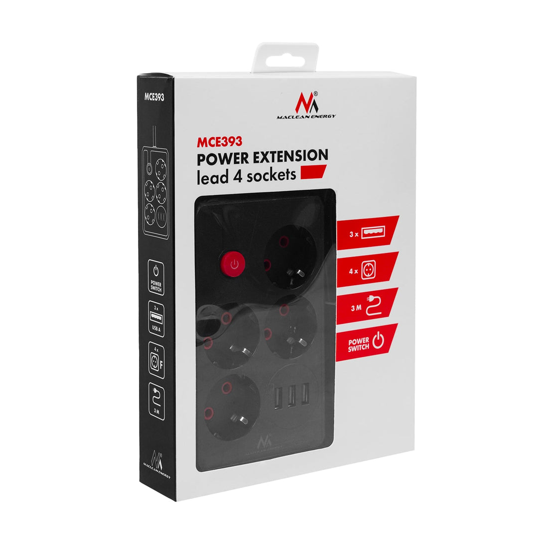 Многофункционален удължител Maclean, 4 контакта + 3xUSB удължител, 110-240V AC 50/60Hz, 2.1A макс. 2500W, 3m, черен, MCE393 B
