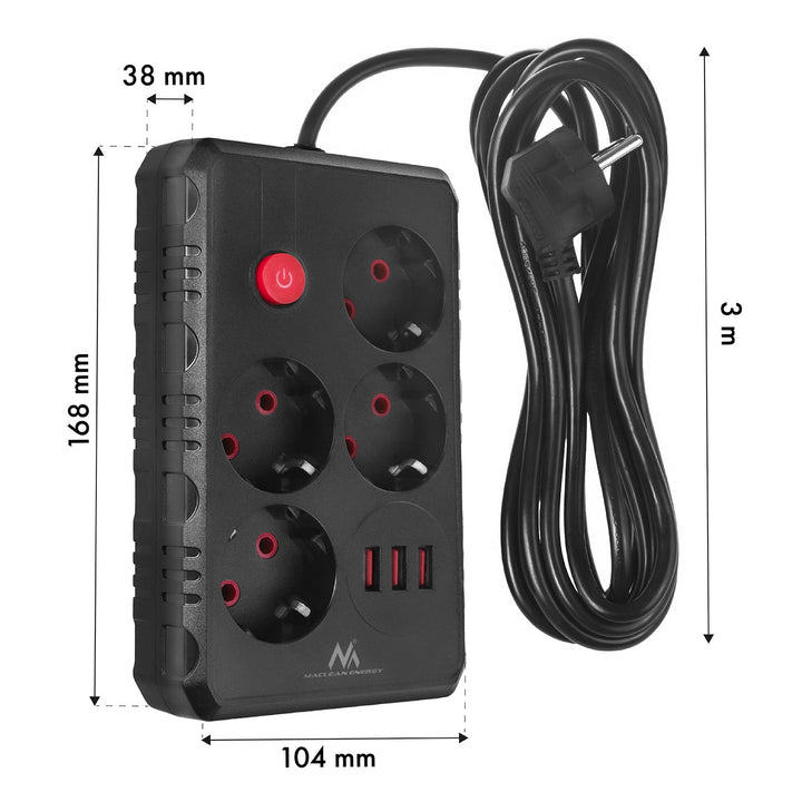 Многофункционален удължител Maclean, 4 контакта + 3xUSB удължител, 110-240V AC 50/60Hz, 2.1A макс. 2500W, 3m, черен, MCE393 B