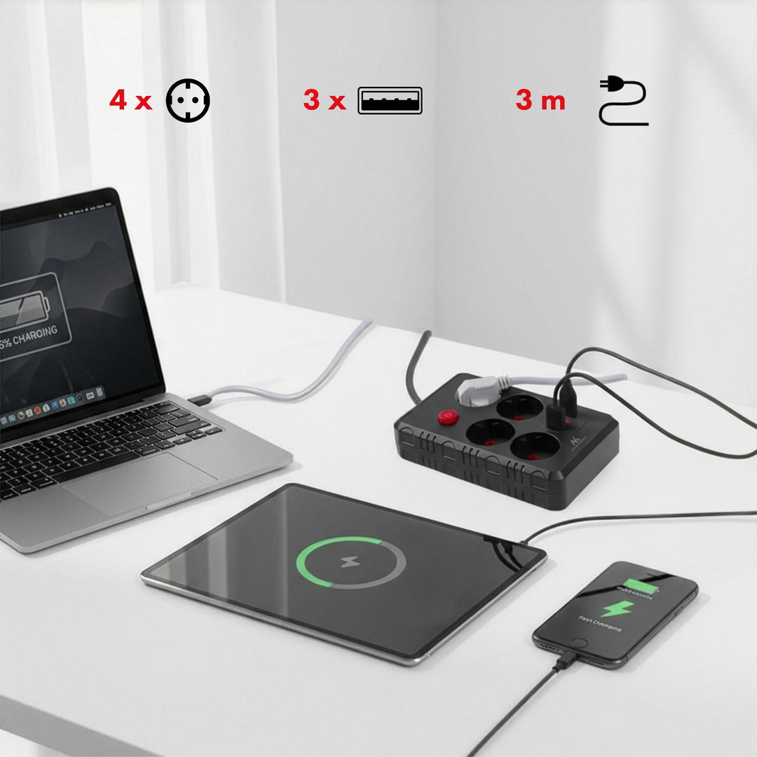 Многофункционален удължител Maclean, 4 контакта + 3xUSB удължител, 110-240V AC 50/60Hz, 2.1A макс. 2500W, 3m, черен, MCE393 B
