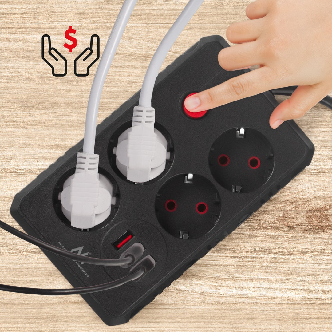 Многофункционален удължител Maclean, 4 контакта + 3xUSB удължител, 110-240V AC 50/60Hz, 2.1A макс. 2500W, 3m, черен, MCE393 B
