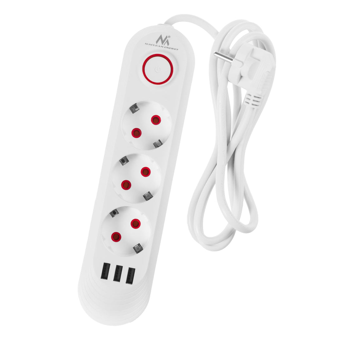 Многофункционален удължител Maclean, удължител с 3 контакта + 3xUSB, 110-240V AC 50/60Hz, 2.1A max 2500W, 1.5m, бял, MCE394 W