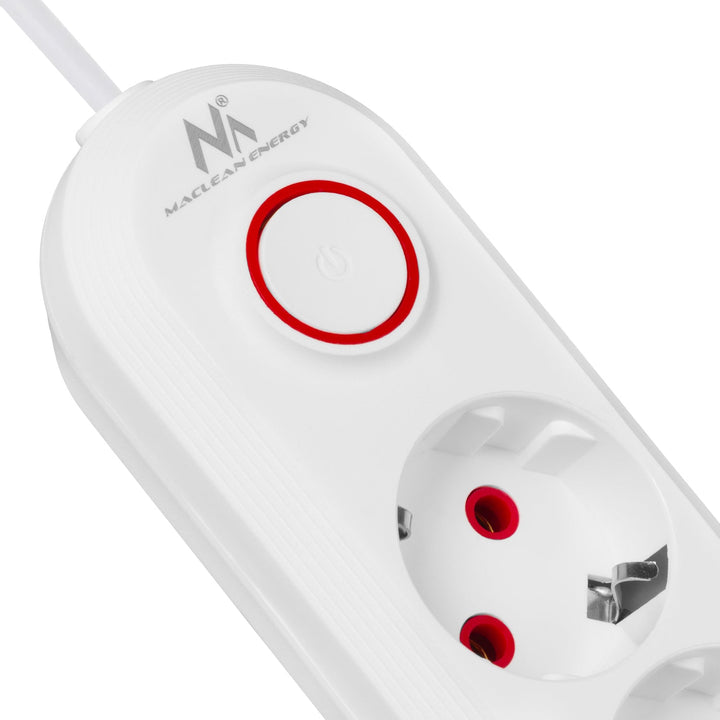 Многофункционален удължител Maclean, удължител с 3 контакта + 3xUSB, 110-240V AC 50/60Hz, 2.1A max 2500W, 1.5m, бял, MCE394 W