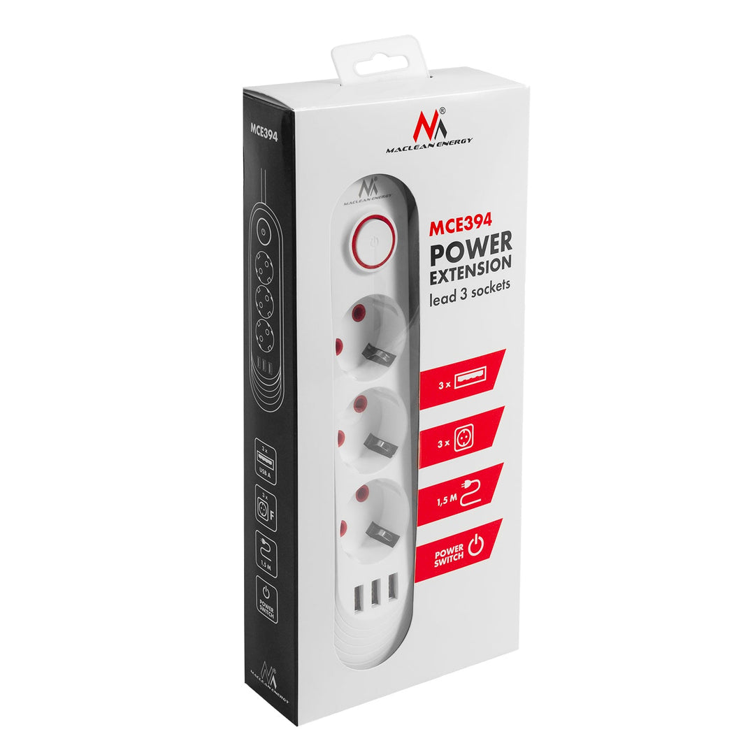 Многофункционален удължител Maclean, удължител с 3 контакта + 3xUSB, 110-240V AC 50/60Hz, 2.1A max 2500W, 1.5m, бял, MCE394 W