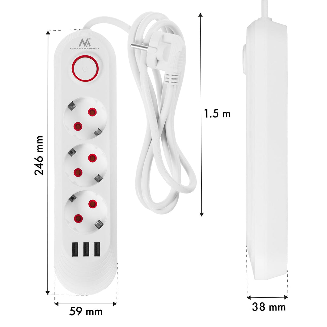 Многофункционален удължител Maclean, удължител с 3 контакта + 3xUSB, 110-240V AC 50/60Hz, 2.1A max 2500W, 1.5m, бял, MCE394 W