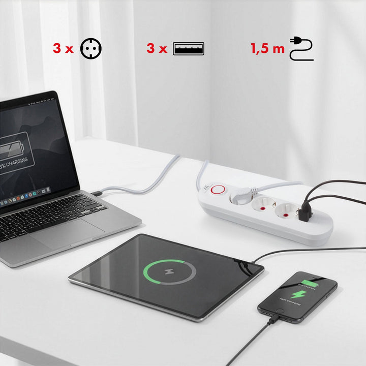 Многофункционален удължител Maclean, удължител с 3 контакта + 3xUSB, 110-240V AC 50/60Hz, 2.1A max 2500W, 1.5m, бял, MCE394 W