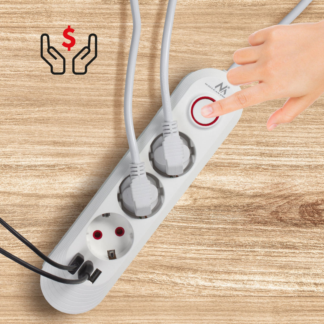 Многофункционален удължител Maclean, удължител с 3 контакта + 3xUSB, 110-240V AC 50/60Hz, 2.1A max 2500W, 1.5m, бял, MCE394 W