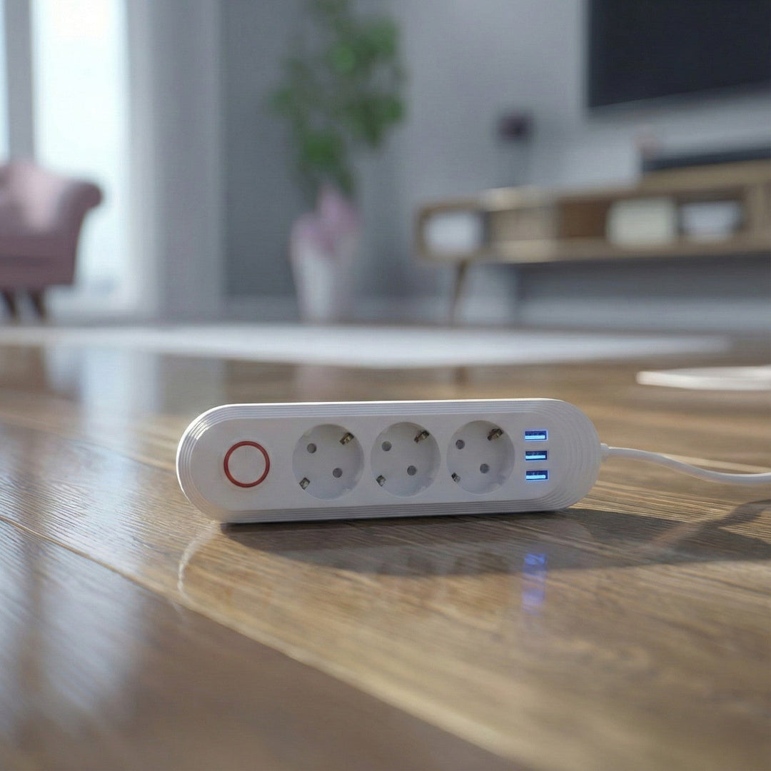 Многофункционален удължител Maclean, удължител с 3 контакта + 3xUSB, 110-240V AC 50/60Hz, 2.1A max 2500W, 1.5m, бял, MCE394 W