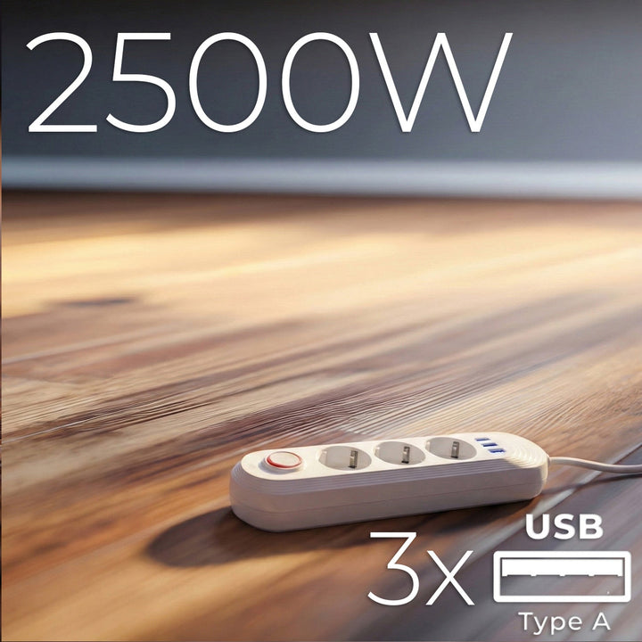 Многофункционален удължител Maclean, удължител с 3 контакта + 3xUSB, 110-240V AC 50/60Hz, 2.1A max 2500W, 1.5m, бял, MCE394 W