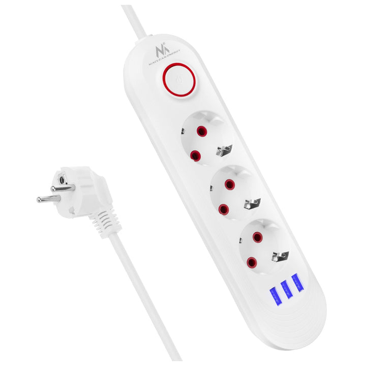 Многофункционален удължител Maclean, удължител с 3 контакта + 3xUSB, 110-240V AC 50/60Hz, 2.1A max 2500W, 1.5m, бял, MCE394 W