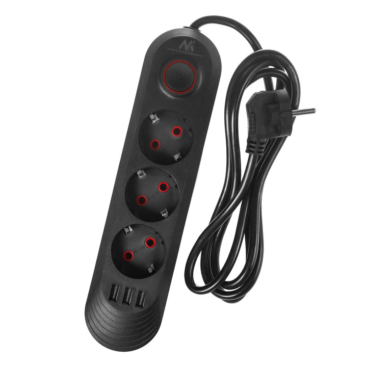 Многофункционален удължител Maclean, удължител с 3 контакта + 3xUSB, 110-240V AC 50/60Hz, 2.1A макс. 2500W, 1.5m, черен, MCE394 B