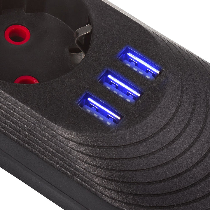 Многофункционален удължител Maclean, удължител с 3 контакта + 3xUSB, 110-240V AC 50/60Hz, 2.1A макс. 2500W, 1.5m, черен, MCE394 B