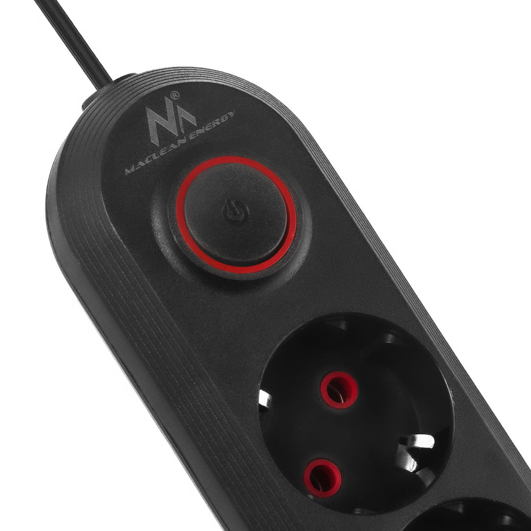 Многофункционален удължител Maclean, удължител с 3 контакта + 3xUSB, 110-240V AC 50/60Hz, 2.1A макс. 2500W, 1.5m, черен, MCE394 B