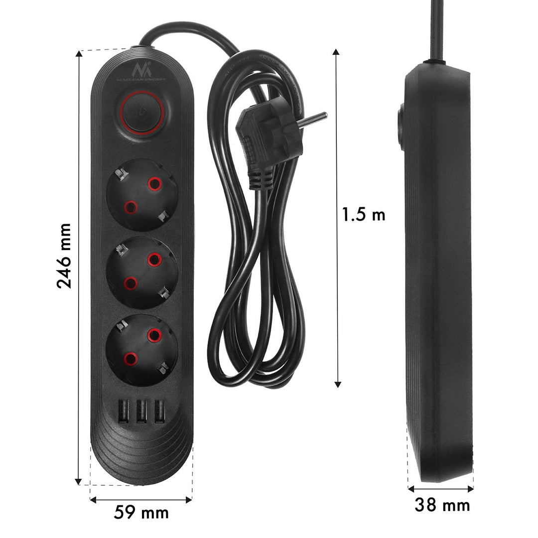 Многофункционален удължител Maclean, удължител с 3 контакта + 3xUSB, 110-240V AC 50/60Hz, 2.1A макс. 2500W, 1.5m, черен, MCE394 B