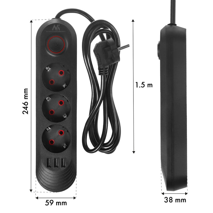 Многофункционален удължител Maclean, удължител с 3 контакта + 3xUSB, 110-240V AC 50/60Hz, 2.1A макс. 2500W, 1.5m, черен, MCE394 B