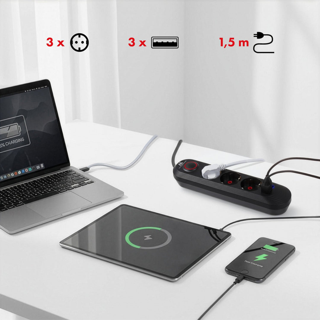 Многофункционален удължител Maclean, удължител с 3 контакта + 3xUSB, 110-240V AC 50/60Hz, 2.1A макс. 2500W, 1.5m, черен, MCE394 B