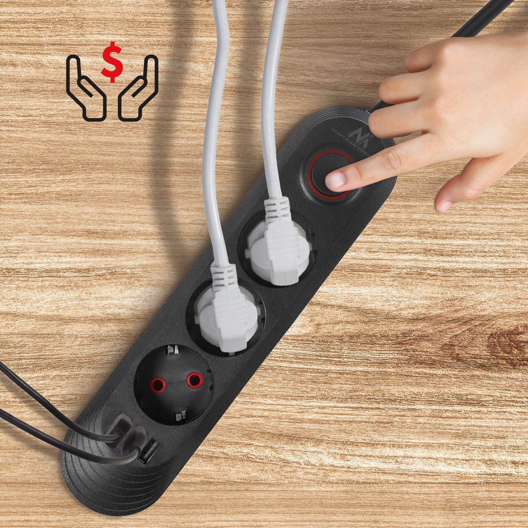 Многофункционален удължител Maclean, удължител с 3 контакта + 3xUSB, 110-240V AC 50/60Hz, 2.1A макс. 2500W, 1.5m, черен, MCE394 B