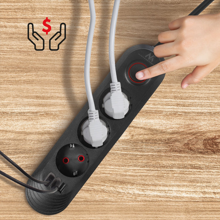 Многофункционален удължител Maclean, удължител с 3 контакта + 3xUSB, 110-240V AC 50/60Hz, 2.1A макс. 2500W, 1.5m, черен, MCE394 B