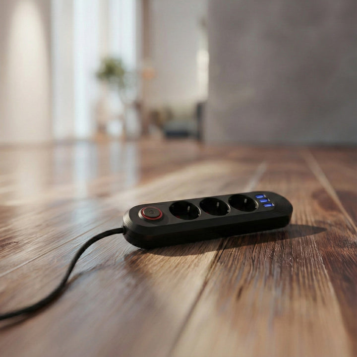 Многофункционален удължител Maclean, удължител с 3 контакта + 3xUSB, 110-240V AC 50/60Hz, 2.1A макс. 2500W, 1.5m, черен, MCE394 B