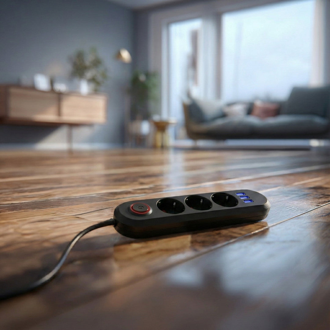 Многофункционален удължител Maclean, удължител с 3 контакта + 3xUSB, 110-240V AC 50/60Hz, 2.1A макс. 2500W, 1.5m, черен, MCE394 B