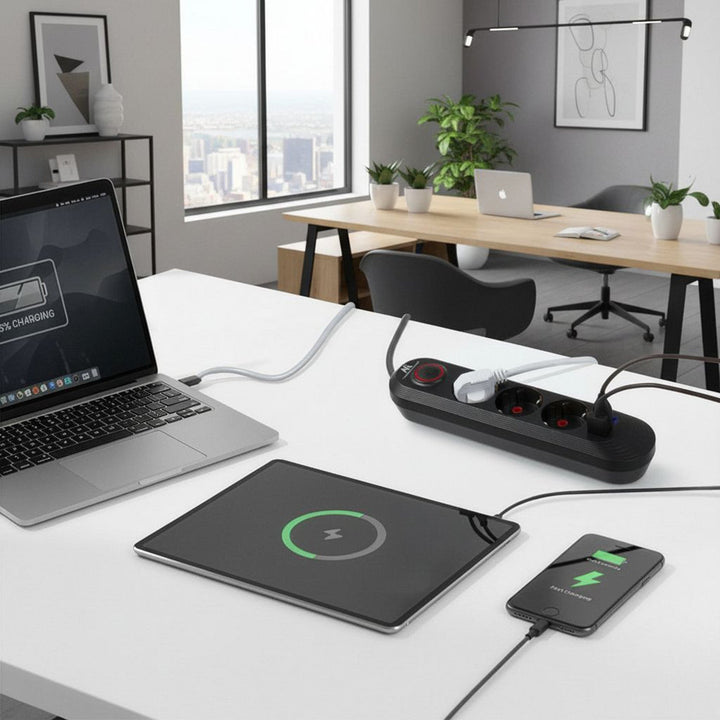 Многофункционален удължител Maclean, удължител с 3 контакта + 3xUSB, 110-240V AC 50/60Hz, 2.1A макс. 2500W, 1.5m, черен, MCE394 B