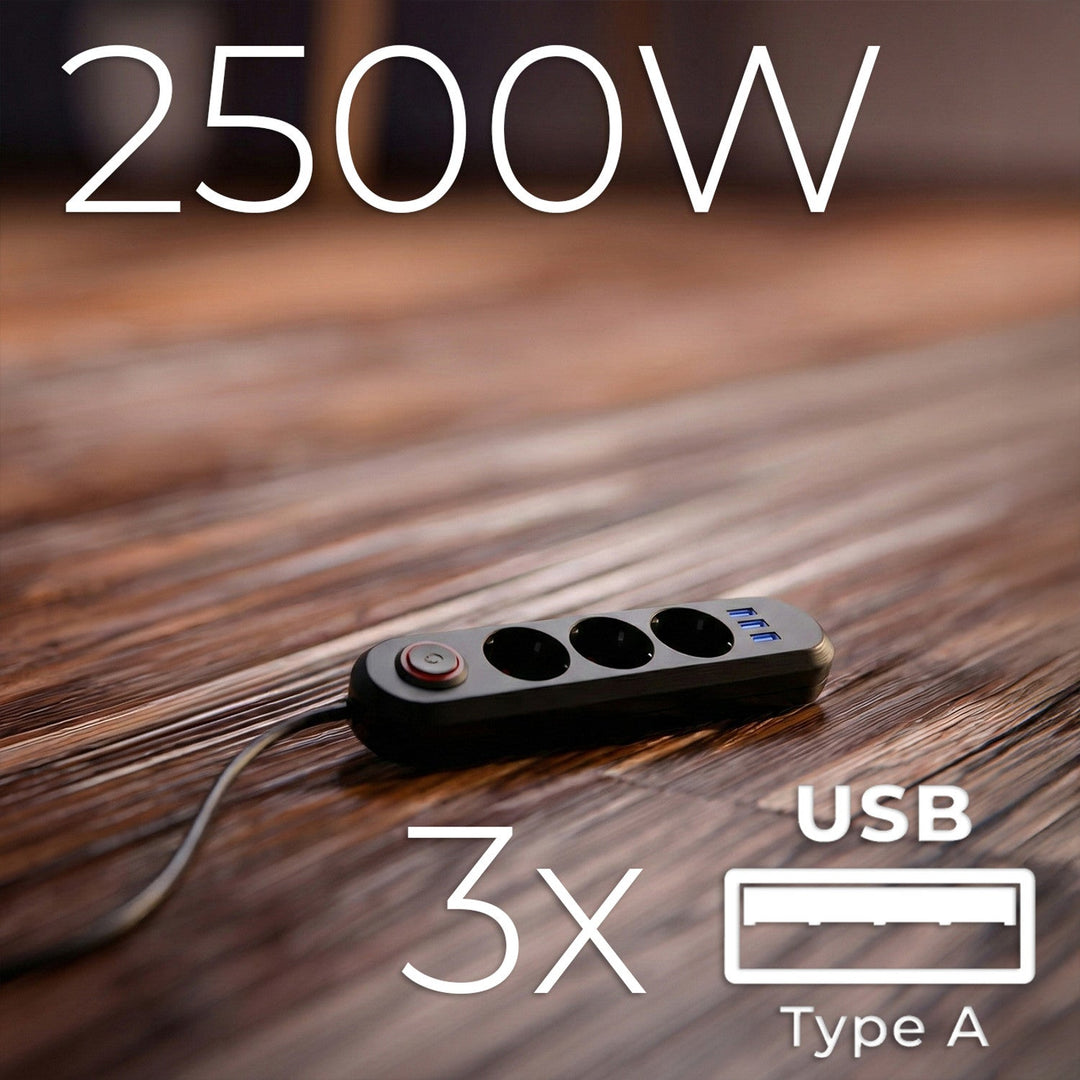 Многофункционален удължител Maclean, удължител с 3 контакта + 3xUSB, 110-240V AC 50/60Hz, 2.1A макс. 2500W, 1.5m, черен, MCE394 B