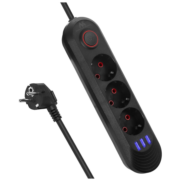 Многофункционален удължител Maclean, удължител с 3 контакта + 3xUSB, 110-240V AC 50/60Hz, 2.1A макс. 2500W, 1.5m, черен, MCE394 B