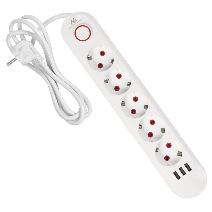 Многофункционален удължител Maclean, 5 контакта + 3xUSB удължител, 110-240V AC 50/60Hz, 2.1A макс. 2500W, 1.5m, бял, MCE395 W