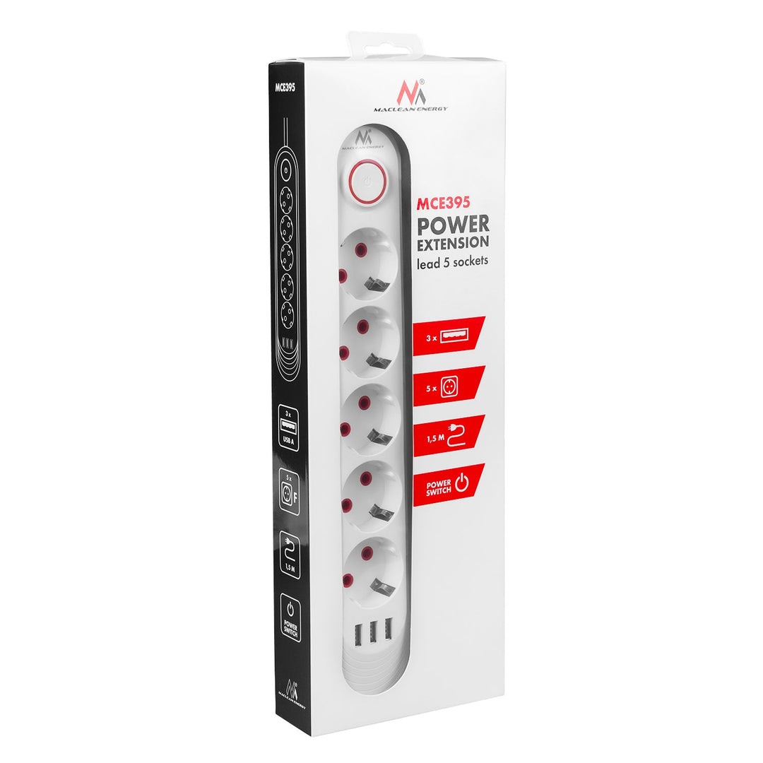 Многофункционален удължител Maclean, 5 контакта + 3xUSB удължител, 110-240V AC 50/60Hz, 2.1A макс. 2500W, 1.5m, бял, MCE395 W