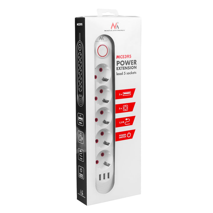 Многофункционален удължител Maclean, 5 контакта + 3xUSB удължител, 110-240V AC 50/60Hz, 2.1A макс. 2500W, 1.5m, бял, MCE395 W