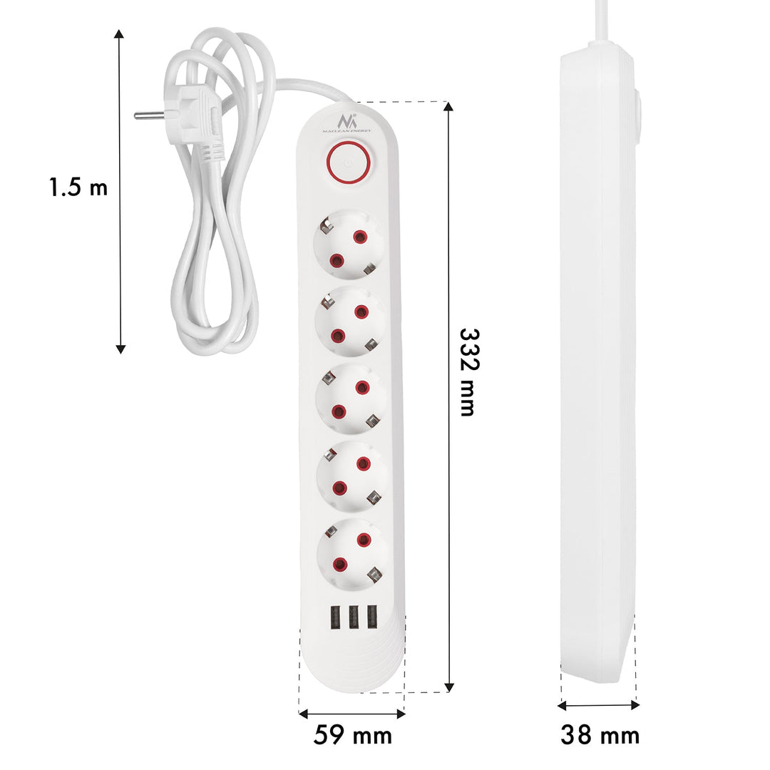 Многофункционален удължител Maclean, 5 контакта + 3xUSB удължител, 110-240V AC 50/60Hz, 2.1A макс. 2500W, 1.5m, бял, MCE395 W