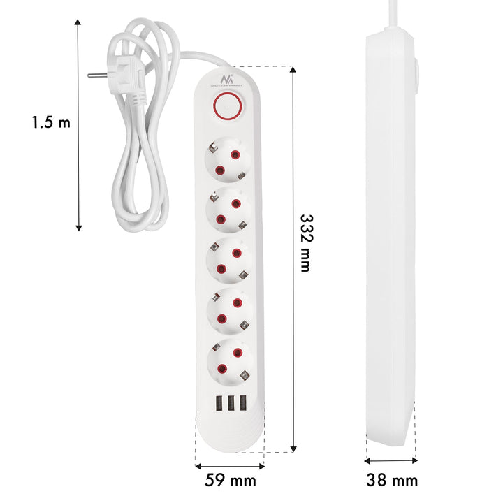 Многофункционален удължител Maclean, 5 контакта + 3xUSB удължител, 110-240V AC 50/60Hz, 2.1A макс. 2500W, 1.5m, бял, MCE395 W