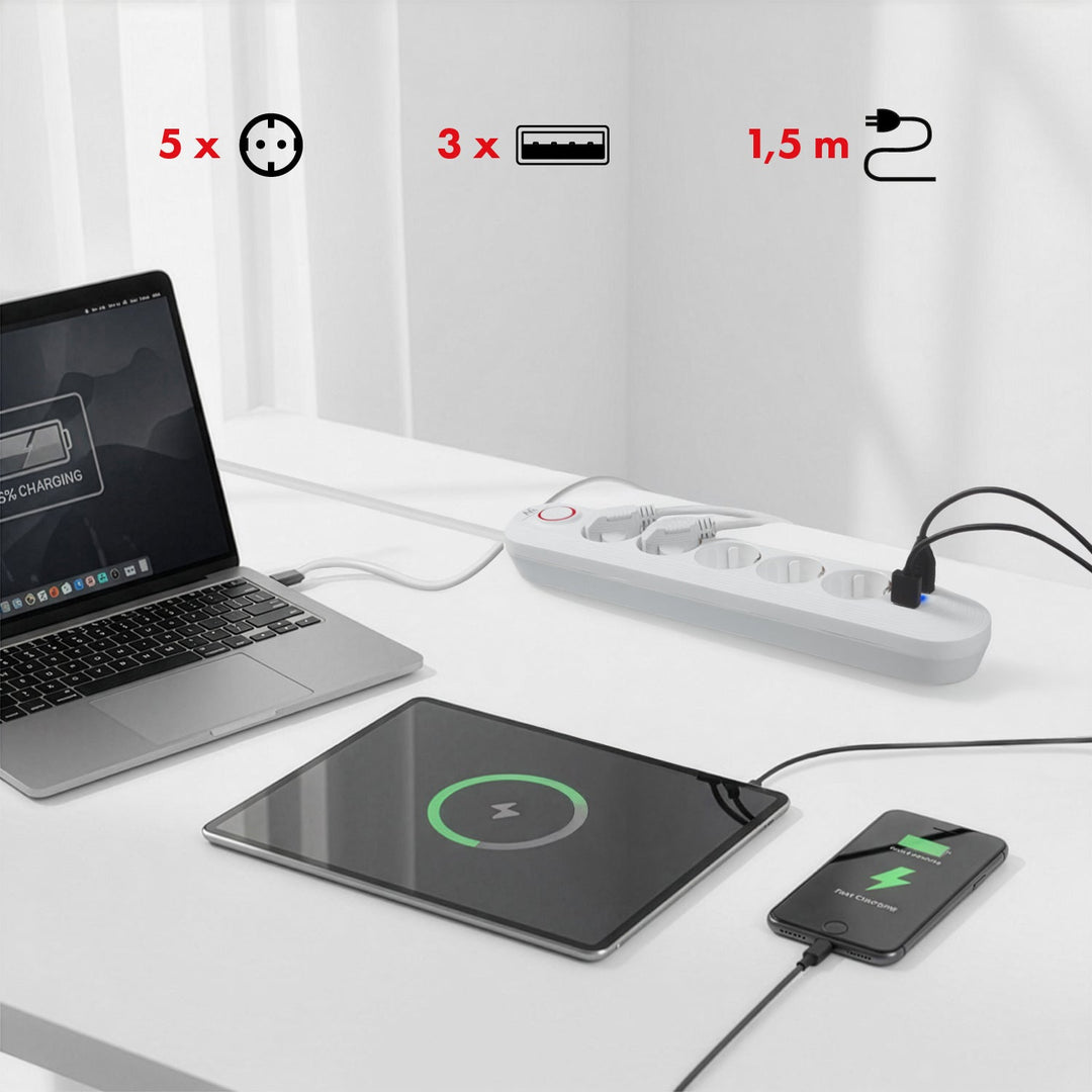 Многофункционален удължител Maclean, 5 контакта + 3xUSB удължител, 110-240V AC 50/60Hz, 2.1A макс. 2500W, 1.5m, бял, MCE395 W