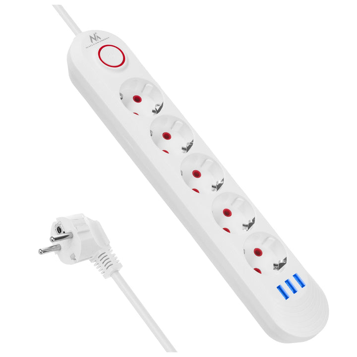 Многофункционален удължител Maclean, 5 контакта + 3xUSB удължител, 110-240V AC 50/60Hz, 2.1A макс. 2500W, 1.5m, бял, MCE395 W