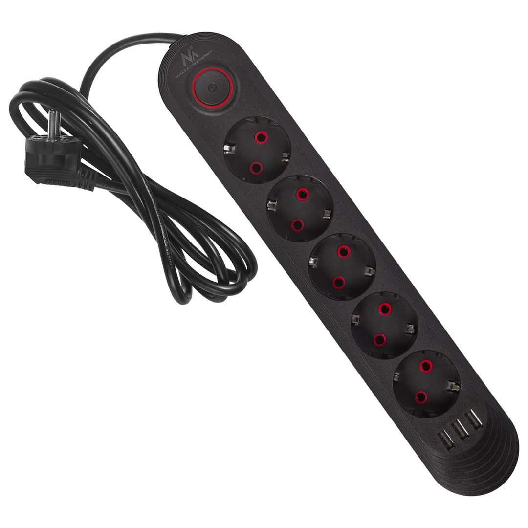 Многофункционален удължител Maclean, 5 контакта + 3xUSB удължител, 110-240V AC 50/60Hz, 2.1A макс. 2500W, 1.5m, черен, MCE395 B