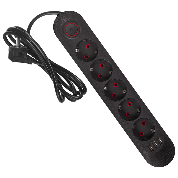 Многофункционален удължител Maclean, 5 контакта + 3xUSB удължител, 110-240V AC 50/60Hz, 2.1A макс. 2500W, 1.5m, черен, MCE395 B
