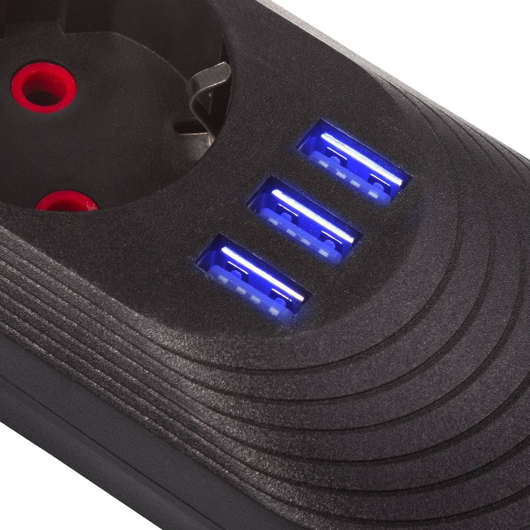 Многофункционален удължител Maclean, 5 контакта + 3xUSB удължител, 110-240V AC 50/60Hz, 2.1A макс. 2500W, 1.5m, черен, MCE395 B