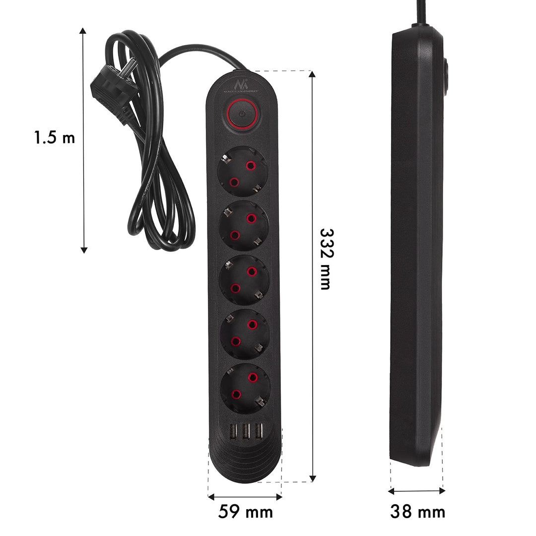 Многофункционален удължител Maclean, 5 контакта + 3xUSB удължител, 110-240V AC 50/60Hz, 2.1A макс. 2500W, 1.5m, черен, MCE395 B