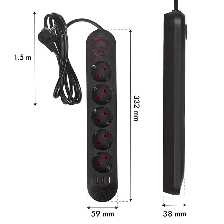 Многофункционален удължител Maclean, 5 контакта + 3xUSB удължител, 110-240V AC 50/60Hz, 2.1A макс. 2500W, 1.5m, черен, MCE395 B