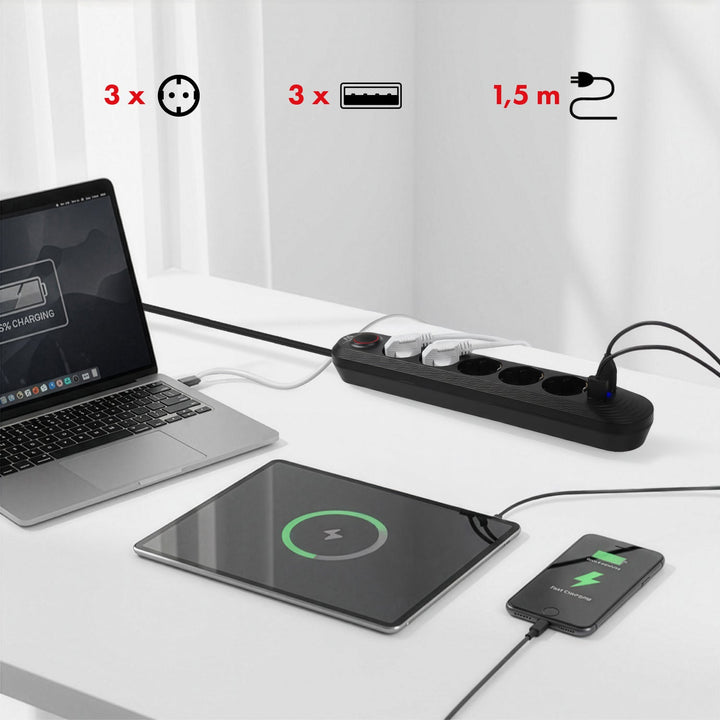 Многофункционален удължител Maclean, 5 контакта + 3xUSB удължител, 110-240V AC 50/60Hz, 2.1A макс. 2500W, 1.5m, черен, MCE395 B