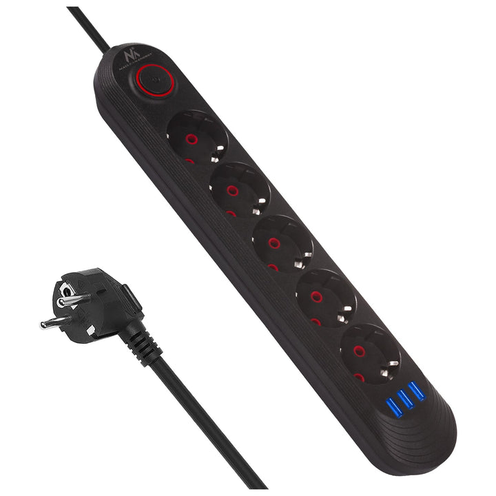 Многофункционален удължител Maclean, 5 контакта + 3xUSB удължител, 110-240V AC 50/60Hz, 2.1A макс. 2500W, 1.5m, черен, MCE395 B