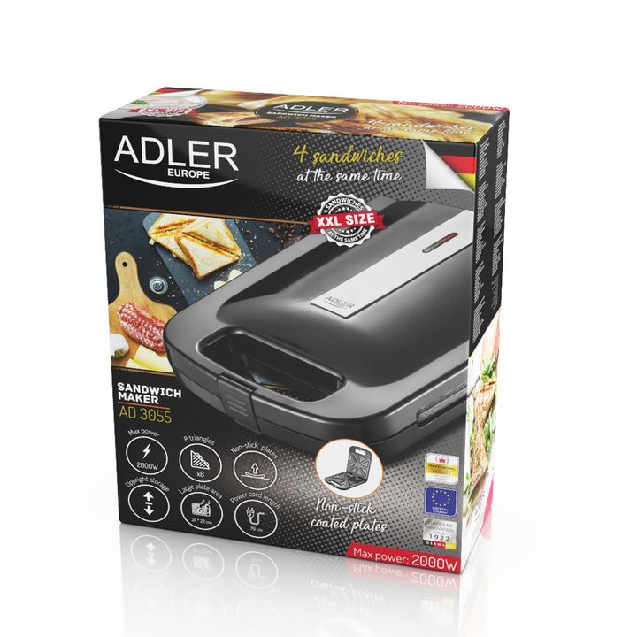 Адлер AD 3055 черен сандвич тостер, 2000 W, за 4 сандвича
