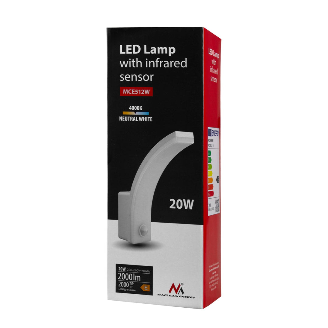 LED лампа Maclean с датчик за движение, PIR датчик за движение, бяла, 20W, IP65, 2000lm, неутрално бял цвят (4000K) MCE512 W, 4 броя