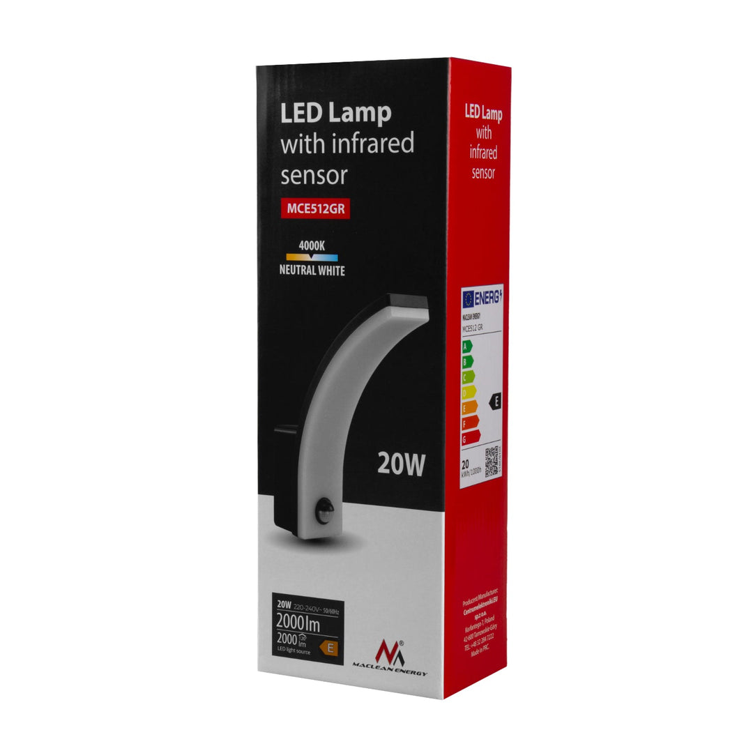 LED лампа Maclean с датчик за движение, PIR датчик за движение, сива, 20W, IP65, 2000lm, неутрално бял цвят (4000K) MCE512 GR, 2 броя