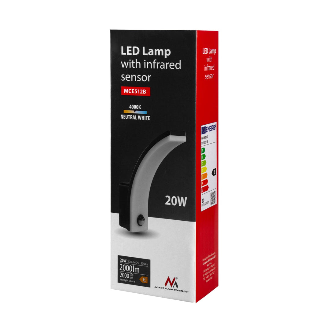 LED лампа Maclean с датчик за движение, PIR датчик за движение, черна, 20W, IP65, 2000lm, неутрално бял цвят (4000K) MCE512 B, 4 броя