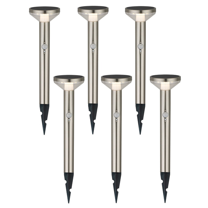 Слънчева LED лампа Maclean, със сензор, 3 режима, забиваща се, Li-ion 18650, IP44, 3,7 V, 1200 mAh, матов хром, MCE465 C/M, 6 броя